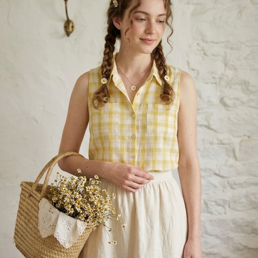 Sunny Yellow Gingham Sleeveless Blouse | Cottagecore Aesthetic | M